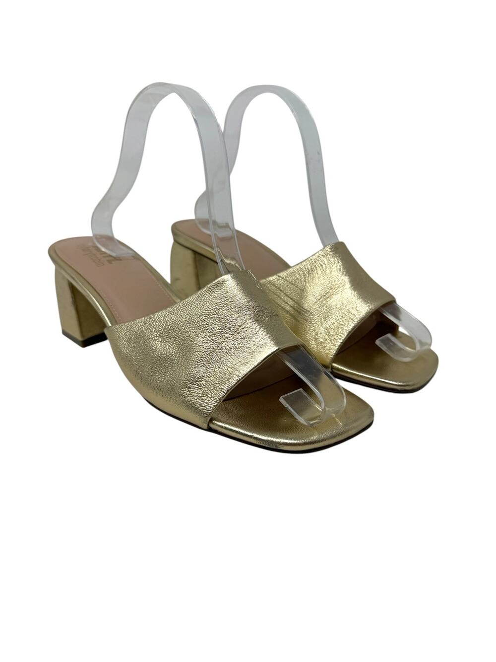 FARYL by Farylrobin Pip Metallic‎ Gold Leather Block Heel Sandals Size 9